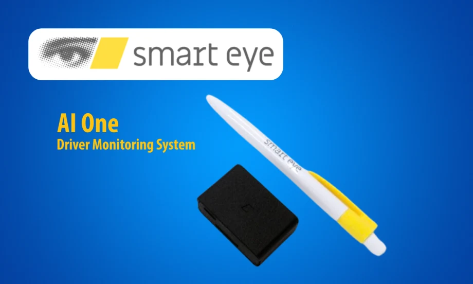 Small black electronic box next to a pen to show scale, against a blue background with logo for Smart Eye.