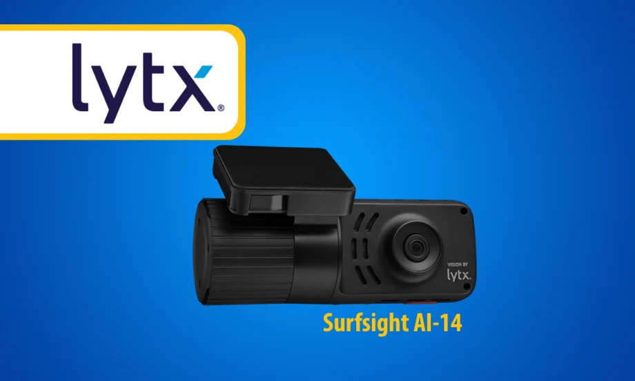 Black dashcam against blue background and inset logo for Lytx in the upper left corner.