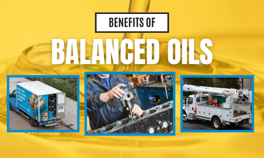 Benefits of balanced oils for medium-duty trucks, including improved fuel economy, longer oil life, and emissions system protection across delivery and utility fleet vehicles.