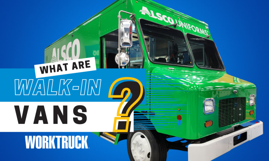Green Alsco walk-in van with the text “What are walk-in vans?” and WORKTRUCK logo.