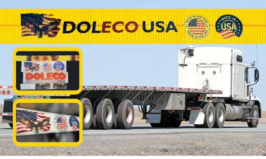 background image of a flatbed trailer behind a truck, inset images of cargo straps with printed designs.