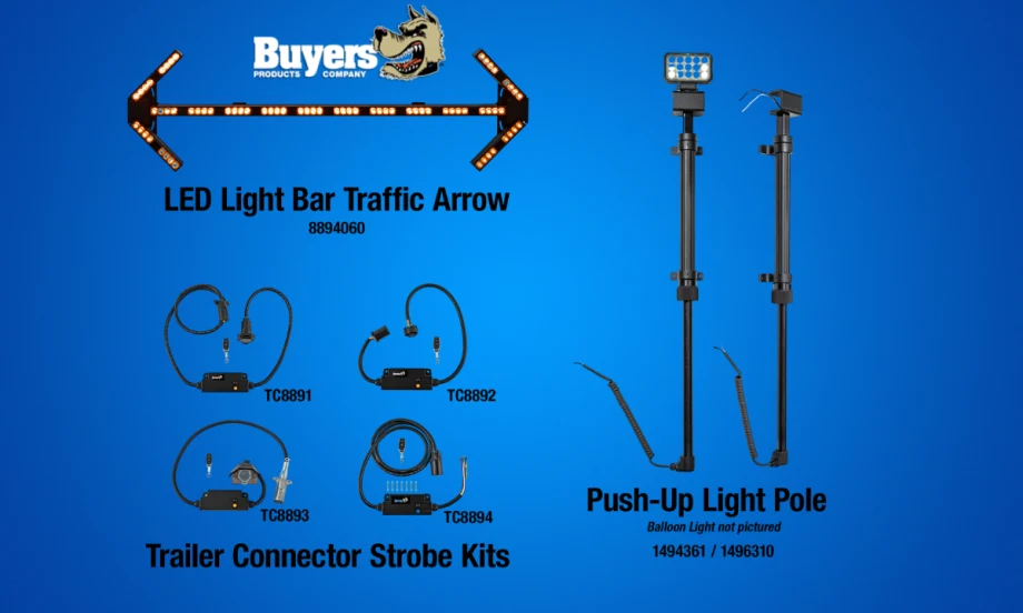 collection of lights and wiring harnesses for trucks and trailers against a blue background, with logo for Buyers Products.