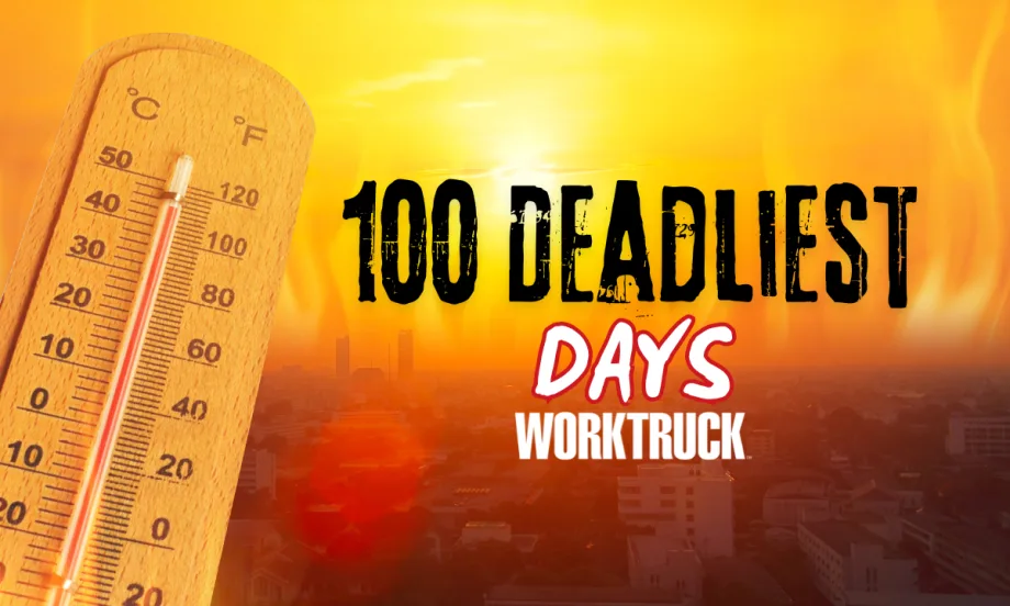 Graphic showing thermometer and hot city skyline highlighting 100 Deadliest Days for summer fleet safety.