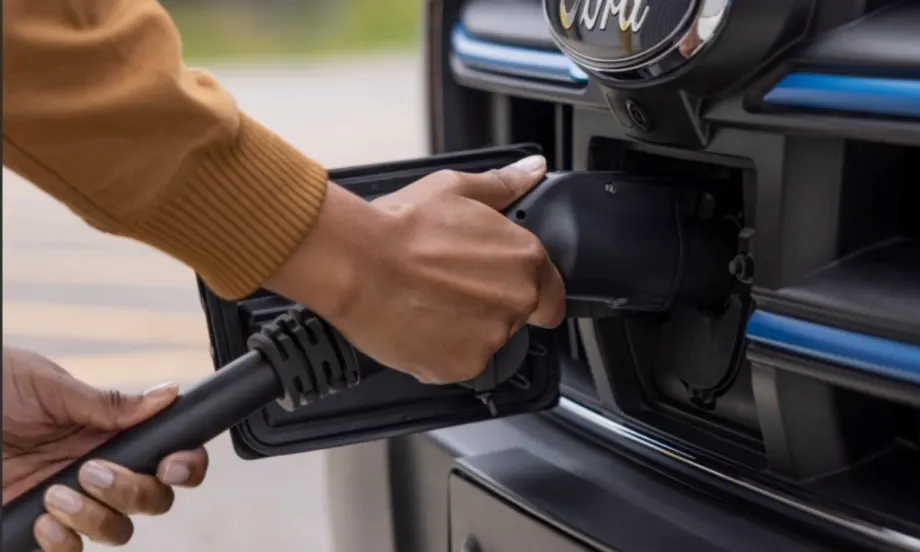 A person plugs a charging cable into the front port of a Ford electric vehicle, highlighting EV charging infrastructure for fleet operations.