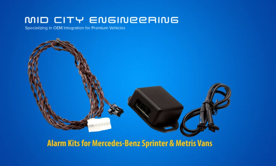 security system with wiring harness set against a blue background and white logo for Mid City Engineering.