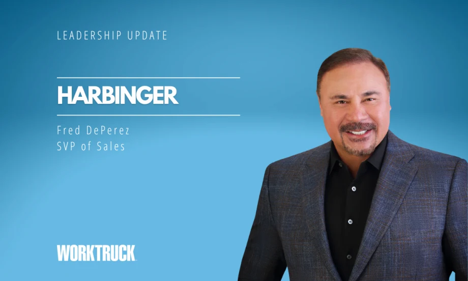Man in business attire against a blue background with white headlines that say: Industry Update, Harbinger, and the man's name and title.