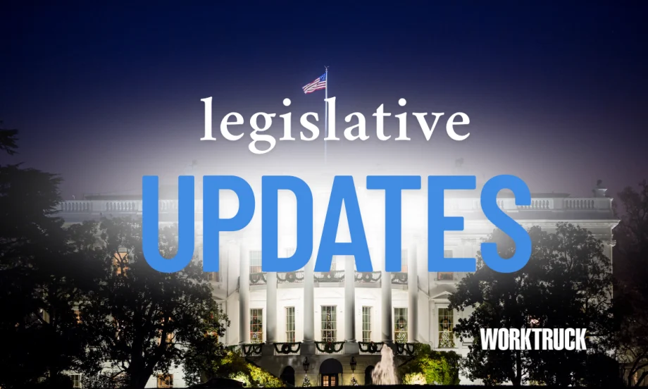 White House at night with U.S. flag and trees in foreground, overlaid with the text "Legislative Updates" and "Work Truck" logo in lower corner.