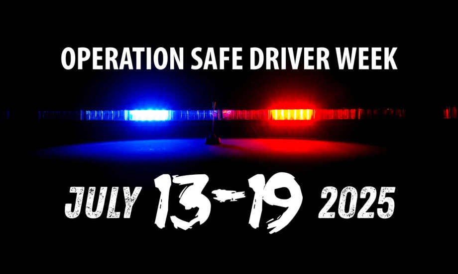 Flashing red and blue police lights with text promoting Operation Safe Driver Week 2025, taking place July 13–19, focused on reckless and dangerous driving enforcement.