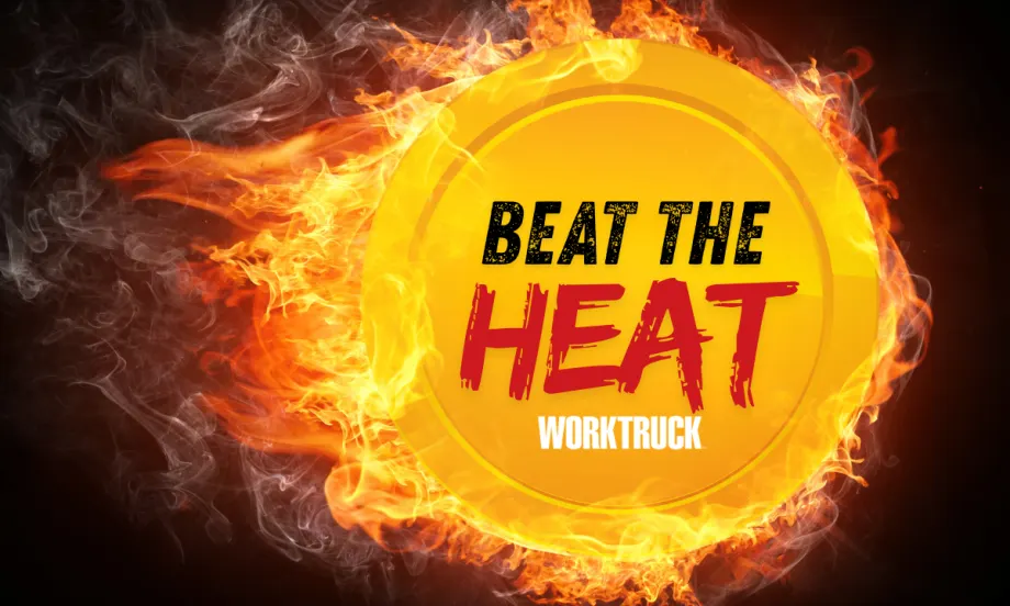Bright yellow badge with flames and smoke, reading “Beat the Heat Work Truck,” symbolizing summer heat challenges for fleets.