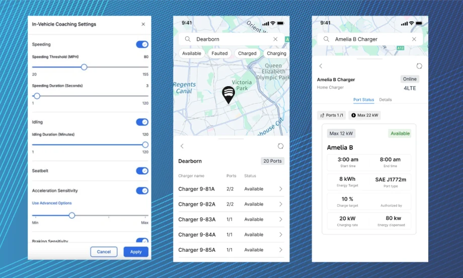 Ford Pro Telematics screenshots showing coaching settings, EV charger map view with port status, and detailed home charger info, including availability, charge rate, and session details.