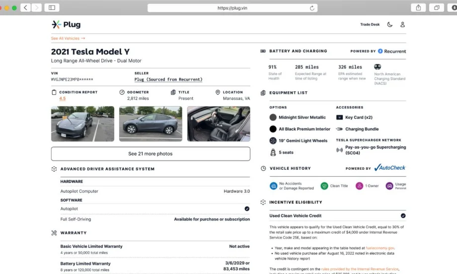 Plug listing for a 2021 Tesla Model Y showing vehicle details, battery health, warranty, equipment, Autopilot status, and Recurrent battery data, with photos and incentive eligibility noted.