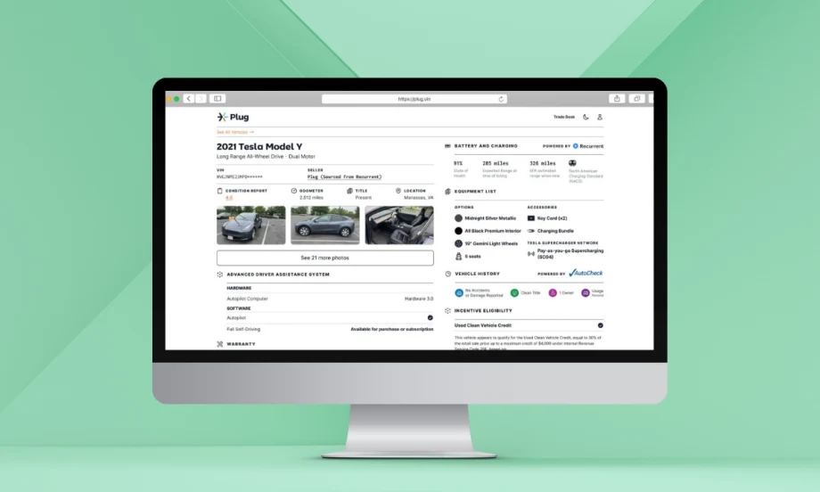 A computer screen displays a Plug EV auction listing for a 2021 Tesla Model Y, showing vehicle specs, condition report, battery health, equipment list, and Recurrent-powered battery data.