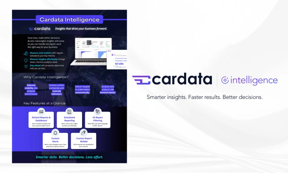 Promotional image for Cardata Intelligence highlighting features like dashboards, AI report filtering, alerts, and custom reports, with the tagline: “Smarter insights. Faster results. Better decisions