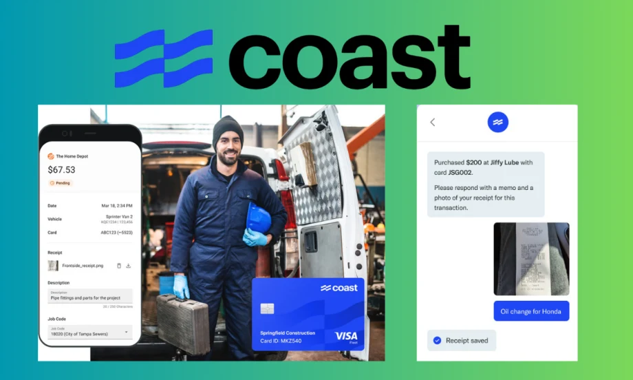 Blue and teal gradient background with logo for Coast across the two and inset photos of male worker and screenshots of app.