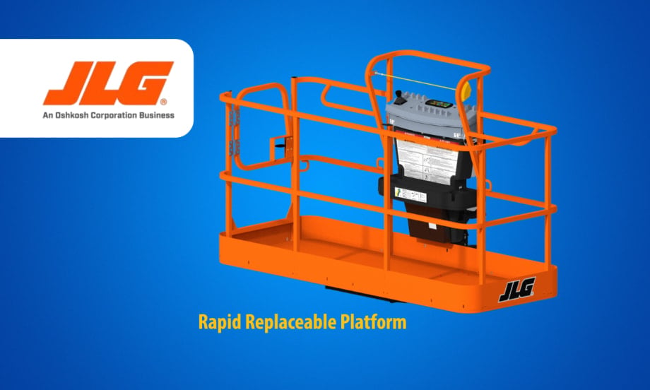 Mobile lift platform against a blue background with inset JLG logo.