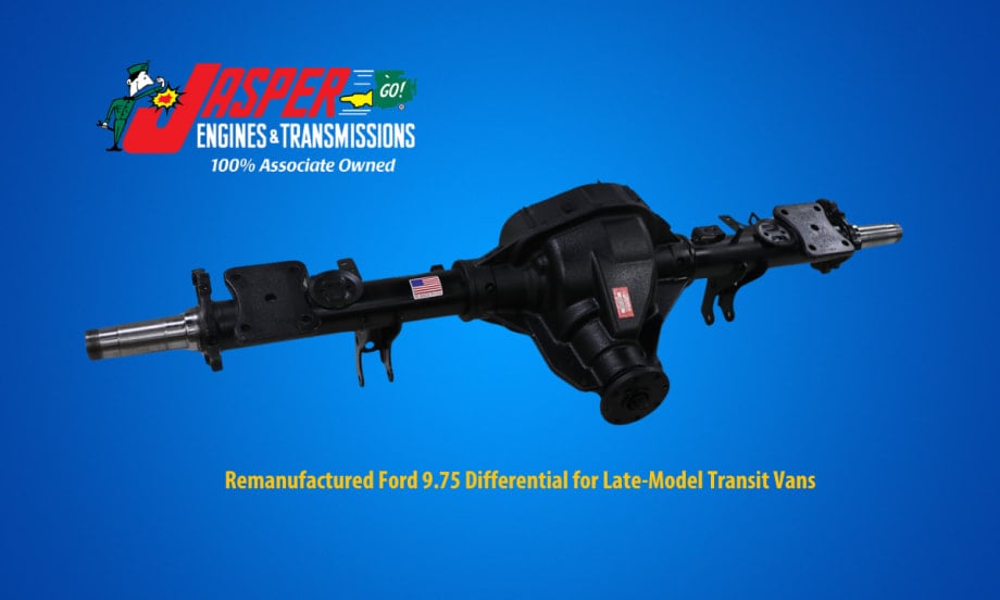 Automotive differential against a blue background and an inset logo for Jasper Engines & Transmissions.