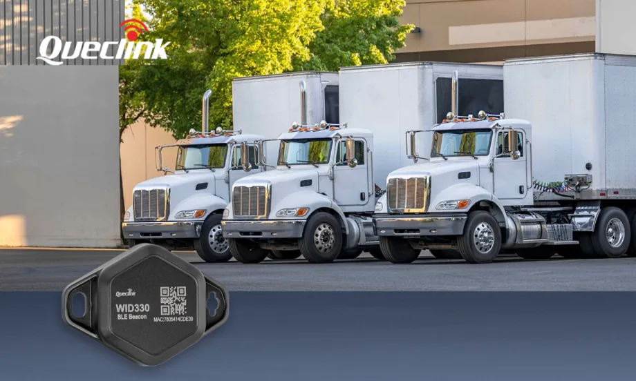 Photo of three tractor trailers parked in an industrial setting with inset lower left image of an asset tracker and logo for Queclink in the top left.