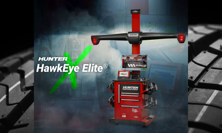 Image of a tire alignment system set against the background of a closeup tire tread photo an a logo for Hunter HawkEye Elite.