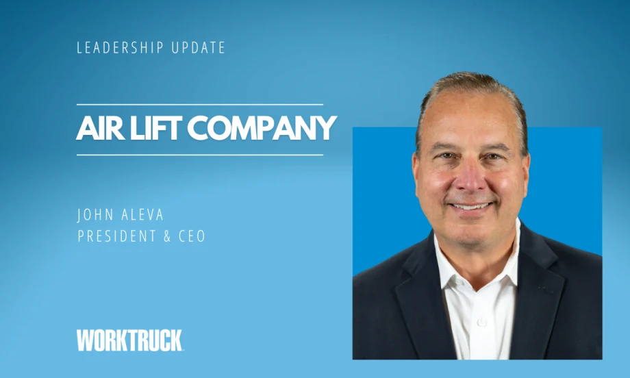 Man in business attire against blue background and white headlines for Leadership Update, Air Lift Company, and the man's name and title.