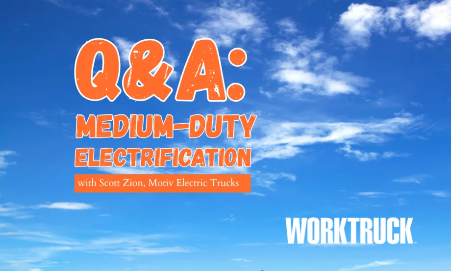 Blue sky background with orange headline text that reads Q&A: Medium-Duty Electrification and an a small white Work Truck logo.
