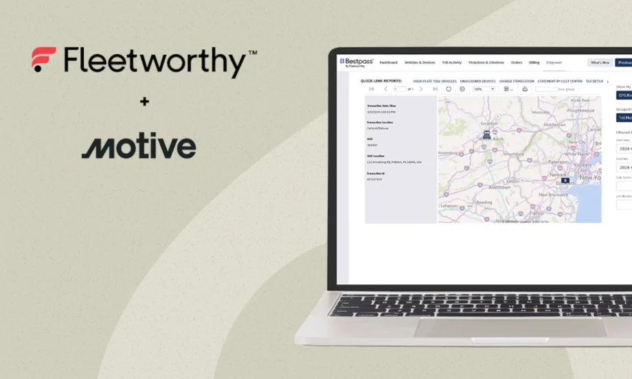 Beige background with image of laptop screen and logos for Fleetworthy and Motive.