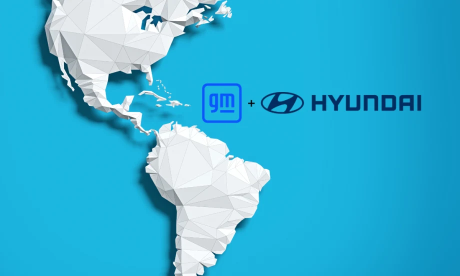 Map of the Americas with GM and Hyundai logos symbolizing partnership on electric commercial van production for North America.