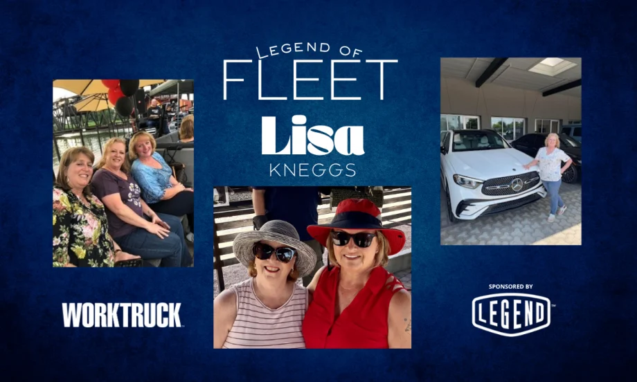 Fleet manager Lisa Kneggs featured in a Fleet Legends graphic with photos from her career journey, including casual and professional moments. Sponsored by Legend Fleet.