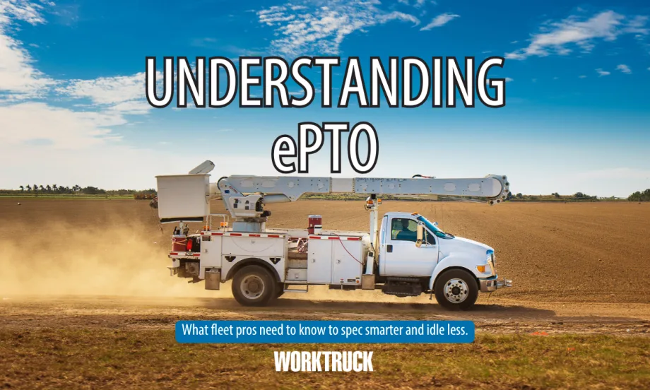White utility truck with an aerial lift boom driving through a dirt field under a blue sky, representing vehicles that commonly use power take-off (PTO) or electric PTO (ePTO) systems.