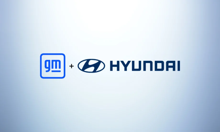 General Motors and Hyundai logos side by side on a light blue gradient background, representing a collaboration between the two automakers.