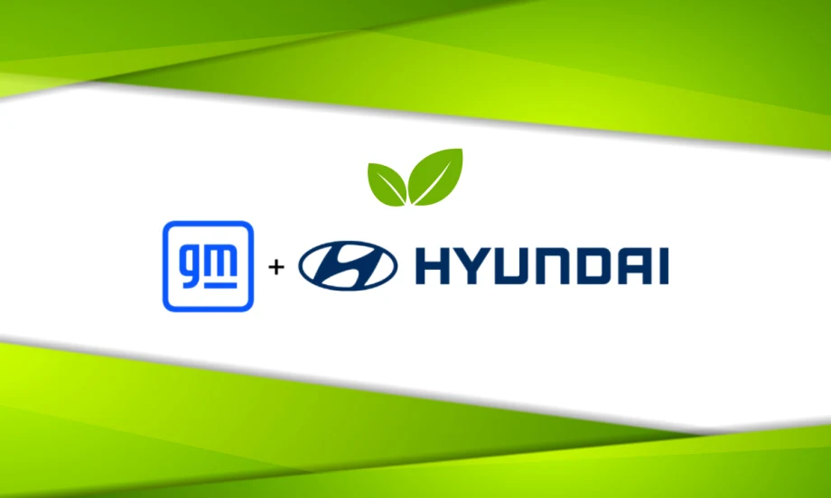 GM and Hyundai logos with green leaves on a white and green background.