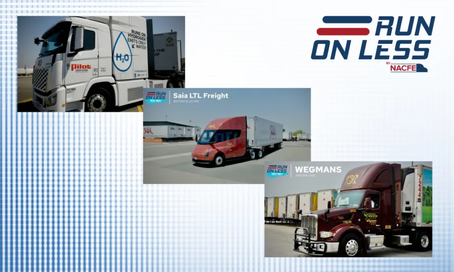 Three trucks from NACFE’s Run on Less – Messy Middle event, showcasing hydrogen, battery-electric, and natural gas powertrains, with company branding from Pilot, Saia LTL Freight, and Wegmans.