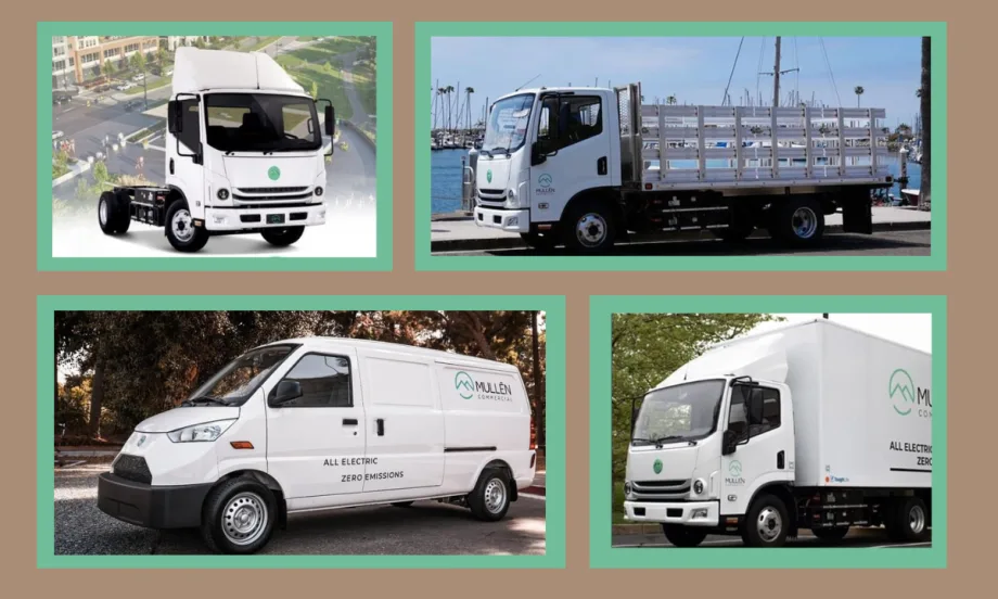 Beige background with inset photos of four battery-electric commercial vehicles - a van, a box truck, a chassis cab, and a stake body truck.