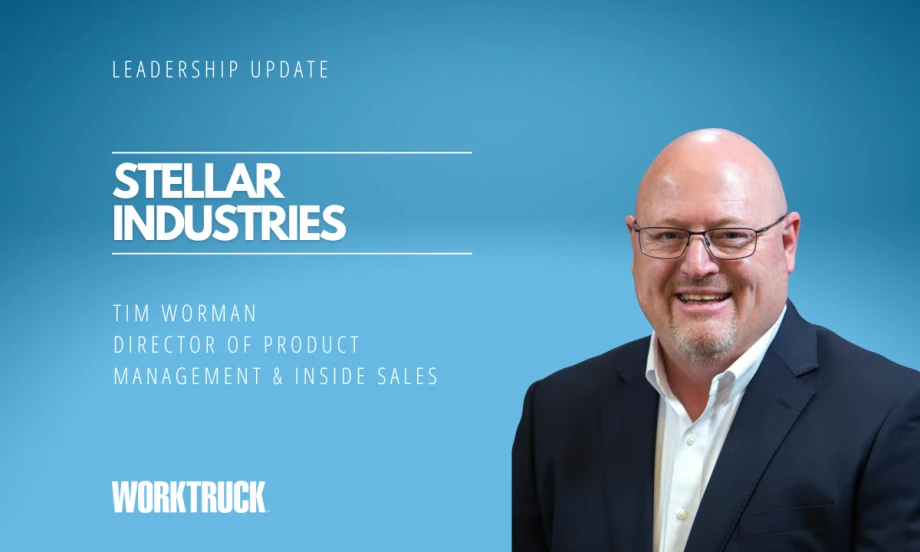 Man in business attire against a blue background with white headlines for Leadership Update, Stellar Industries, and the man's name and job title.