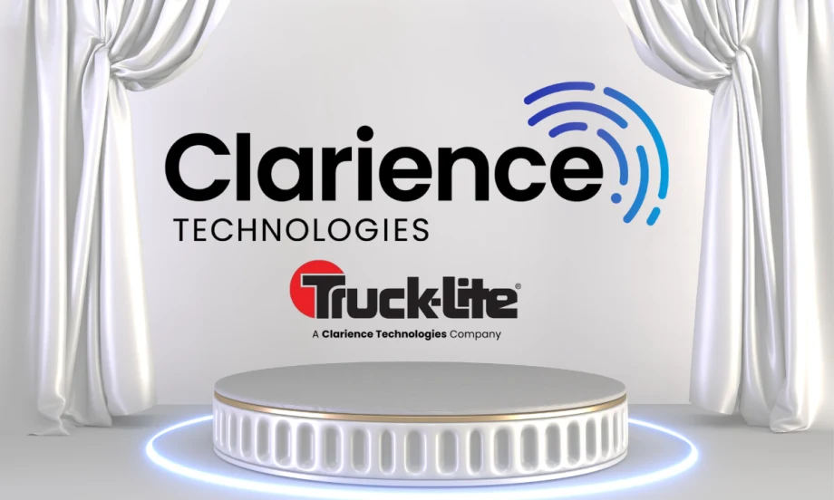 Background image of award-themed background with curtains and inset logos for Clarience Technologies and Truck-Lite.