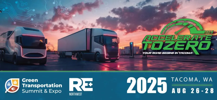 A promotional flier for the Green Transportation Summit & Expo shows two battery-electric tractor trailers against a sunset sky with clouds.