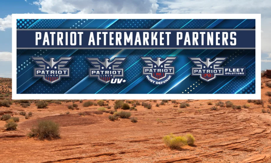 A graphic with multiple brand logos for Patriot Aftermarket Solutions set against a desert background.
