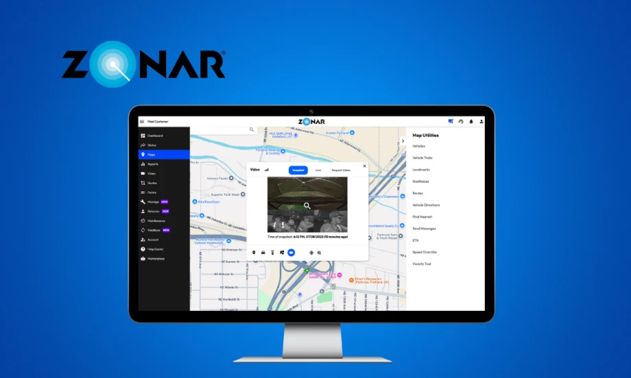 Blue background with inset image of a computer screen containing fleet analytics, and a logo in the upper left for Zonar.