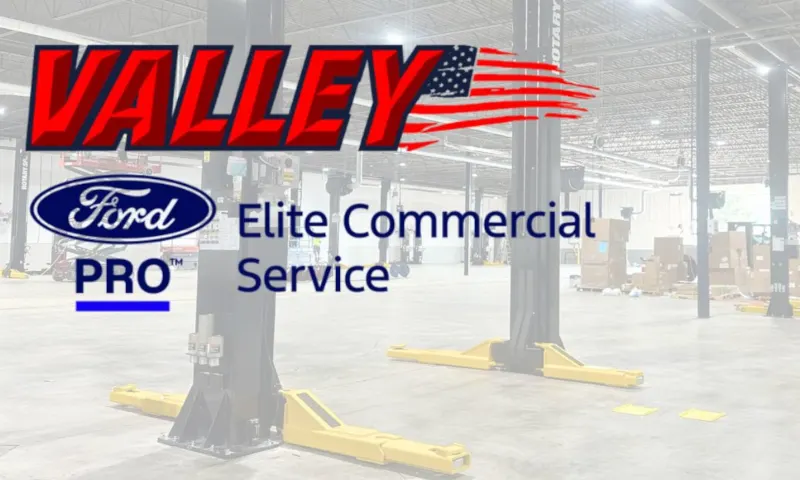Background image of an automotive shop interior with logos for Valley, Ford Pro, and Elite Commercial Service.