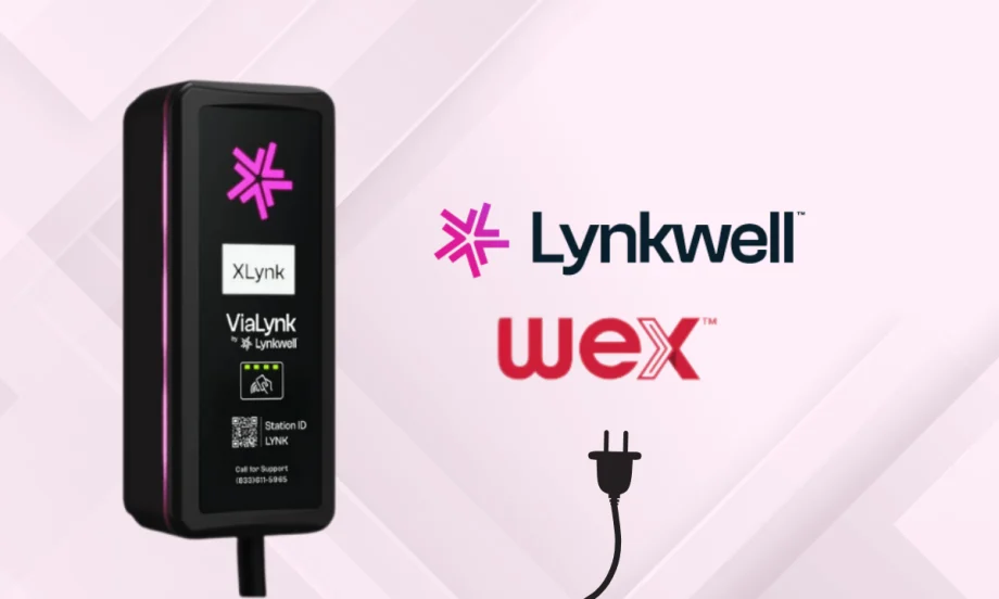 Lynkwell XLynk EV charger with Lynkwell and WEX logos on a light pink background, symbolizing the new payment integration for fleet charging.