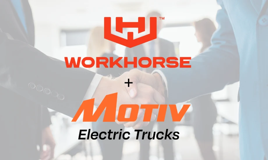 Faint background image of a handshake and business people, with inset logos for Workhorse and Motiv Electric Trucks.