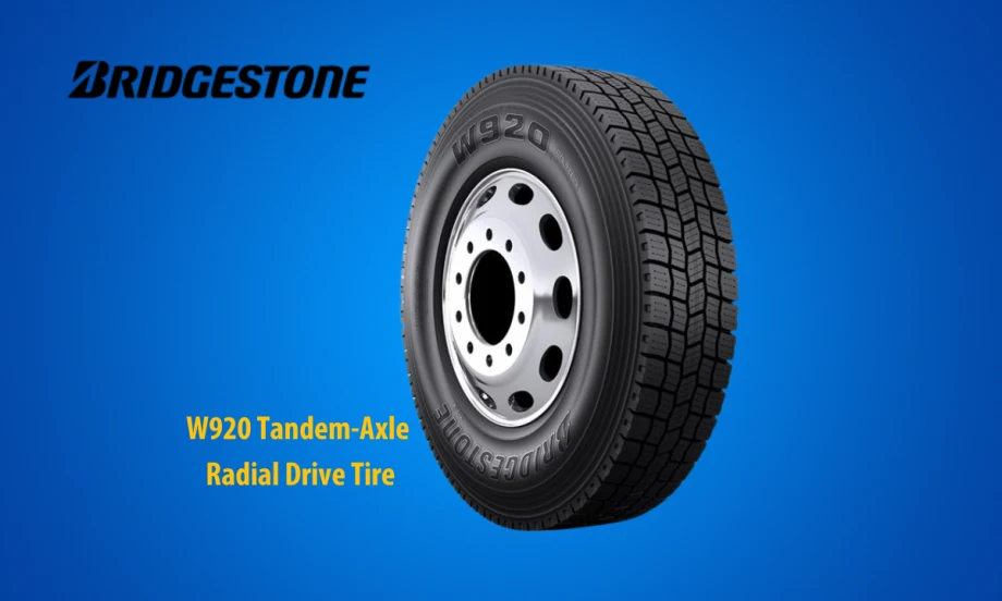 Truck tire against a blue background with inset Bridgestone logo and yellow text with the name of the tire.