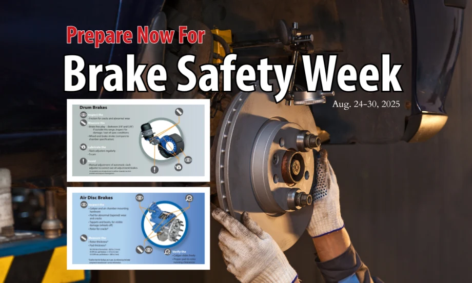 Background image of hands repairing brakes and headline for Prepare now for Brake Safety Week and two inset graphics about brakes.
