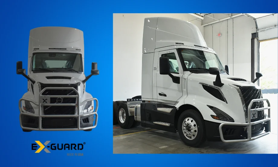 Ex-Guard VM series grille guards on Volvo trucks, offering advanced protection, CMS radar compatibility, and durable steel construction for VNL and VNR models.