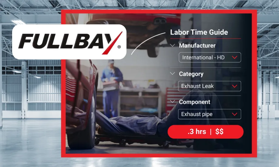 Background shop image with inset image of mechanics working on a vehicle, bullet points about a software integration, and a logo for Fullbay.