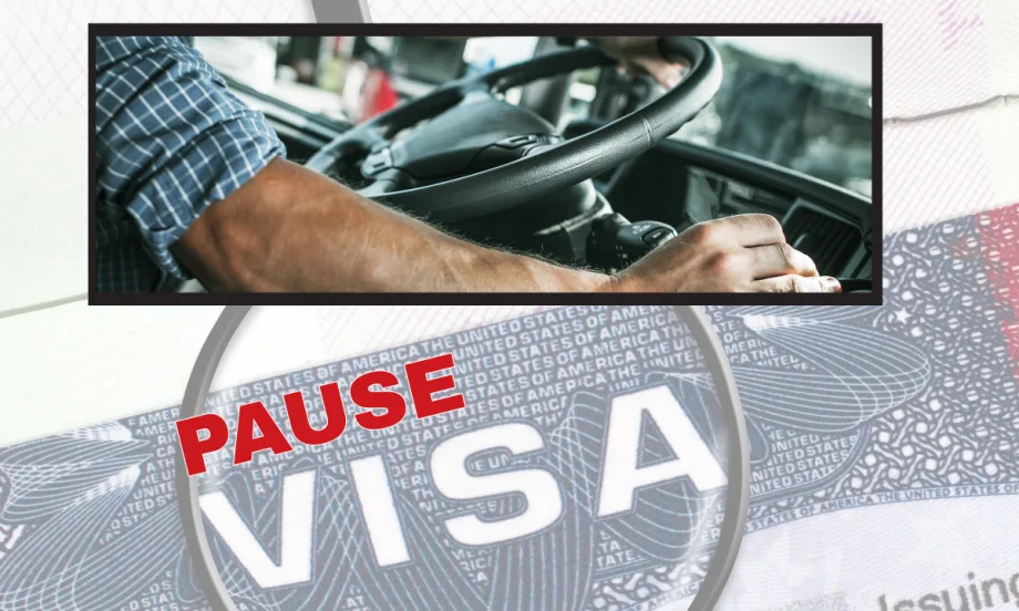 Background image of a VISA, with red headline stating Pause, and inset image of truck driver hands on wheel.