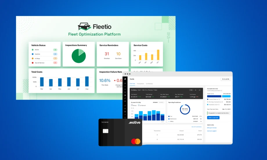 Fleetio and Motive screen captures on blue background illustrating recent intregration news for fleet management.
