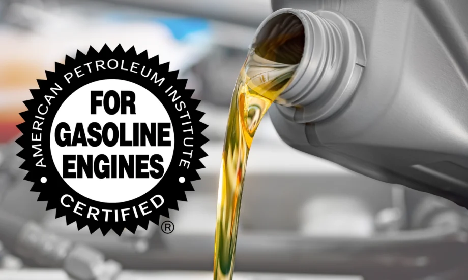 Image of oil pouring from a plastic bottle and inset logo for For Gasoline Engines certification.