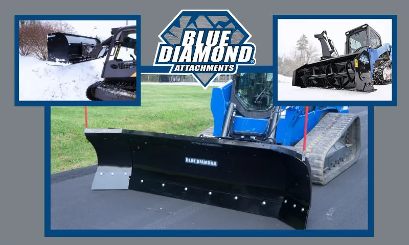 Gray background, upper middle logo for Blue Diamond Attachments and three inset photos of snow removal equipment.
