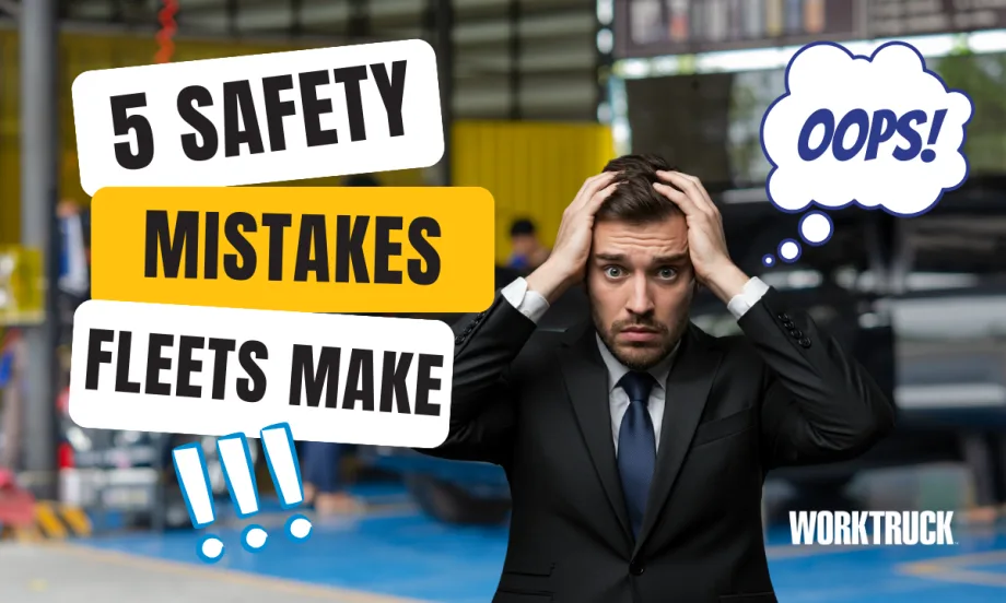 A worried man in a suit holds his head with a thought bubble saying “Oops!” alongside text highlighting five common safety mistakes fleets make.