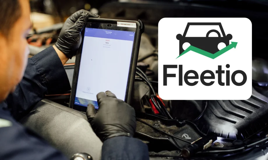 Automotive technician over an engine and using a tablet, inset logo at right for Fleetio, set against a white background box.
